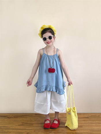 Пола с презрамки в корейски стил за момичета, 92% памук, рюш, мека обработка, лято 2025