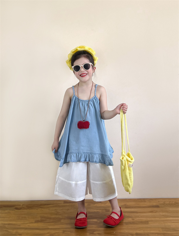 Пола с презрамки в корейски стил за момичета, 92% памук, рюш, мека обработка, лято 2025