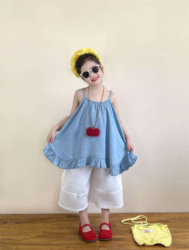 Пола с презрамки в корейски стил за момичета, 92% памук, рюш, мека обработка, лято 2025