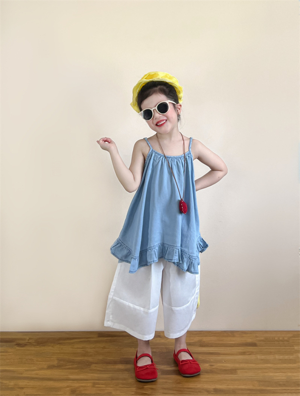 Пола с презрамки в корейски стил за момичета, 92% памук, рюш, мека обработка, лято 2025