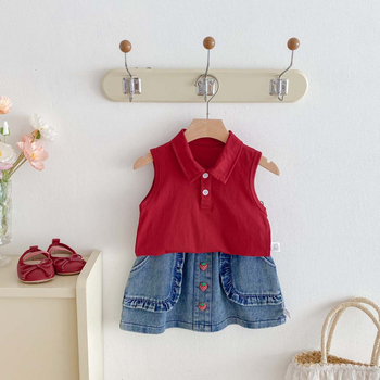 Dječji dvodjelni set u korejskom stilu: bez rukava polo top i denim suknja, ljeto, 100% pamuk, jednobojni uzorak