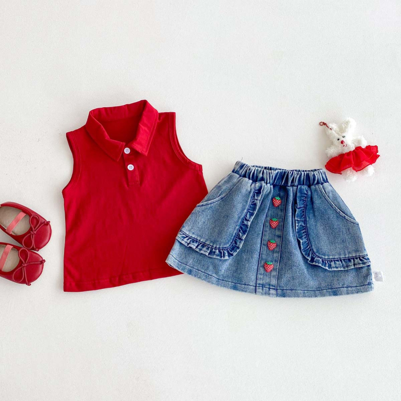 Dječji dvodjelni set u korejskom stilu: bez rukava polo top i denim suknja, ljeto, 100% pamuk, jednobojni uzorak