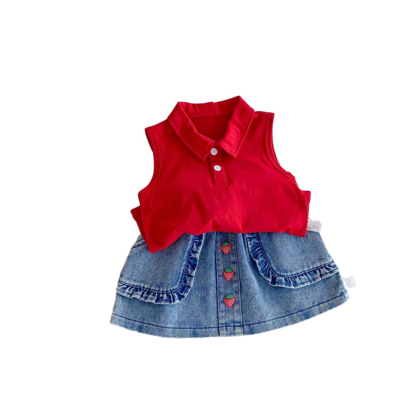 Dječji dvodjelni set u korejskom stilu: bez rukava polo top i denim suknja, ljeto, 100% pamuk, jednobojni uzorak