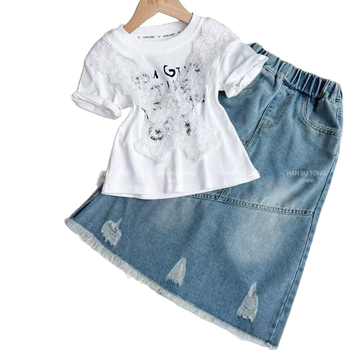 Dječji dvodijelni komplet za djevojčice: denim suknja i top, kratkih rukava, korejski stil, ljeto 2025