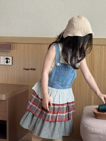 Lányoknak szánt pántos szoknya, koreai stílus, pamut, kockás minta, torta-stílusú szoknya, 3–8 éveseknek