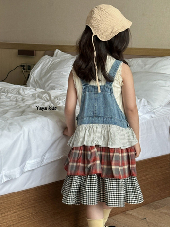 Lányoknak szánt pántos szoknya, koreai stílus, pamut, kockás minta, torta-stílusú szoknya, 3–8 éveseknek