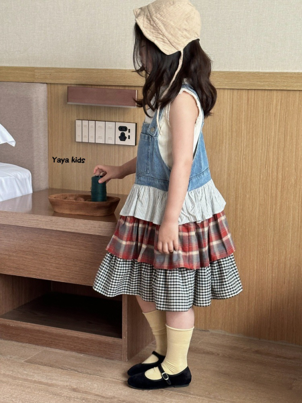 Lányoknak szánt pántos szoknya, koreai stílus, pamut, kockás minta, torta-stílusú szoknya, 3–8 éveseknek