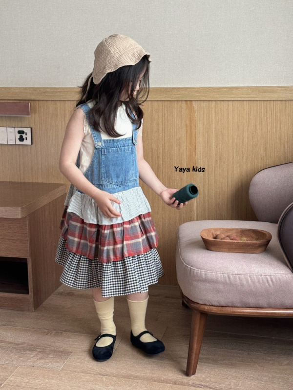 Lányoknak szánt pántos szoknya, koreai stílus, pamut, kockás minta, torta-stílusú szoknya, 3–8 éveseknek