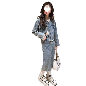 Двухчастов пролетен комплект за момичета, корейски стил, фланелен плат, пола тип торта, едноцветен, пролет 2025