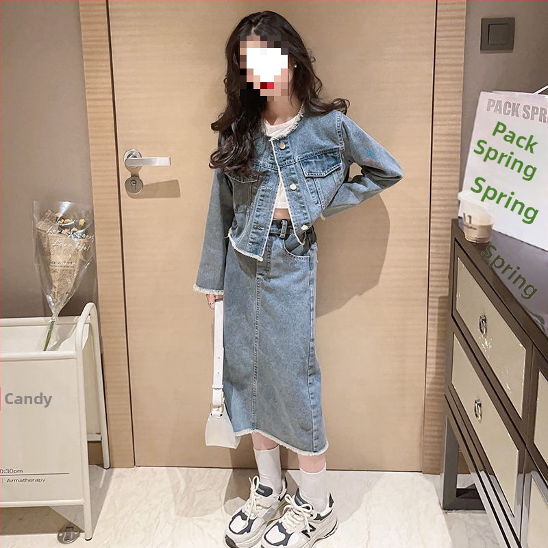 Kaks osaline kevadese komplekt tüdrukutele, Korea-stiilis flanelkangas, kleit torti stiiliga, ühetone, 2025 kevad