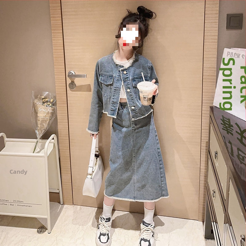 Kaks osaline kevadese komplekt tüdrukutele, Korea-stiilis flanelkangas, kleit torti stiiliga, ühetone, 2025 kevad