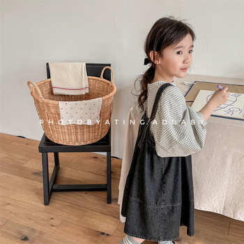Gyerekeknek szóló denim vállpántos ruha, koreai stílus, A-vonalú szabás, 90% pamut, egyszínű