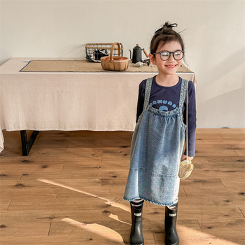 Gyerekeknek szóló denim vállpántos ruha, koreai stílus, A-vonalú szabás, 90% pamut, egyszínű