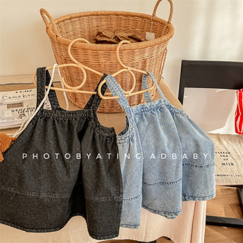 Gyerekeknek szóló denim vállpántos ruha, koreai stílus, A-vonalú szabás, 90% pamut, egyszínű