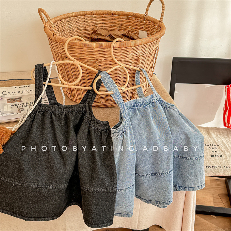 Gyerekeknek szóló denim vállpántos ruha, koreai stílus, A-vonalú szabás, 90% pamut, egyszínű