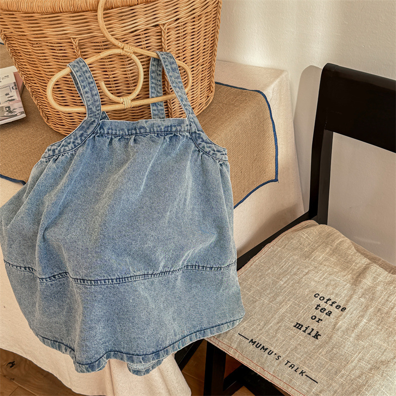Gyerekeknek szóló denim vállpántos ruha, koreai stílus, A-vonalú szabás, 90% pamut, egyszínű