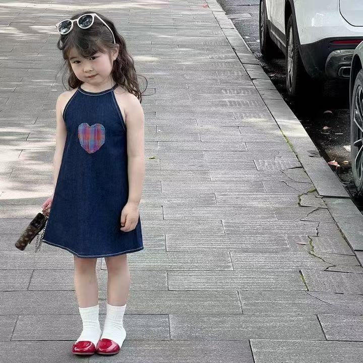 Детска рокля с презрамки в стил А-линия, корейски дизайн, полиестерна материя с подплата, меко завършване, за деца 3-8 г, лято 2025