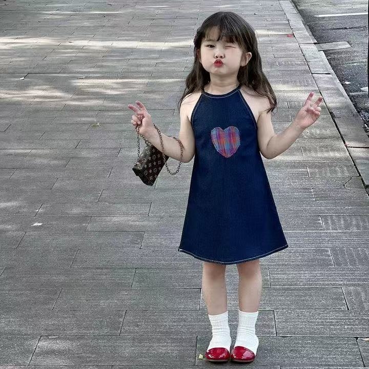 Детска рокля с презрамки в стил А-линия, корейски дизайн, полиестерна материя с подплата, меко завършване, за деца 3-8 г, лято 2025