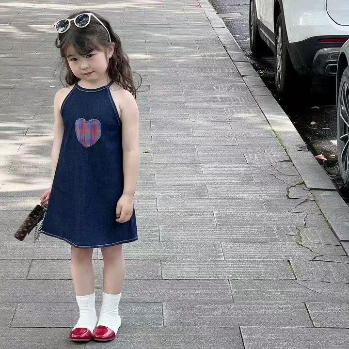 Детска рокля с презрамки в стил А-линия, корейски дизайн, полиестерна материя с подплата, меко завършване, за деца 3-8 г, лято 2025