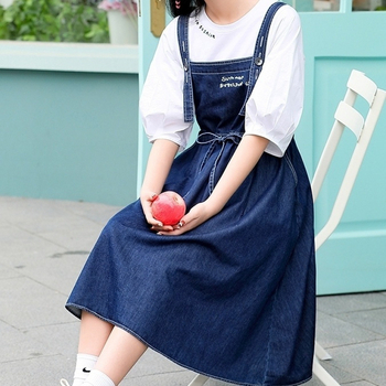 Két darabos gyerekeknek készült denim vállfős szett lányoknak – pamut-denim keverék, 8+ éveseknek, nyár, rövid ujjú