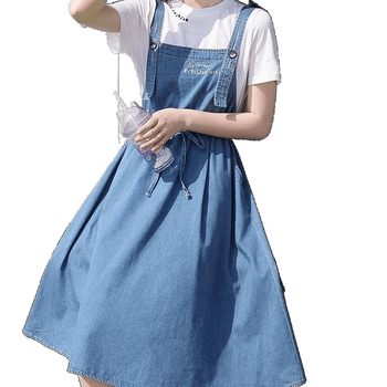 Két darabos gyerekeknek készült denim vállfős szett lányoknak – pamut-denim keverék, 8+ éveseknek, nyár, rövid ujjú