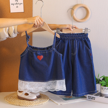 Set de vară pentru fete din două piese: fustă denim cu bretele și pantaloni scurți, 95% bumbac, mâneci scurte