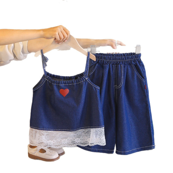 Set de vară pentru fete din două piese: fustă denim cu bretele și pantaloni scurți, 95% bumbac, mâneci scurte