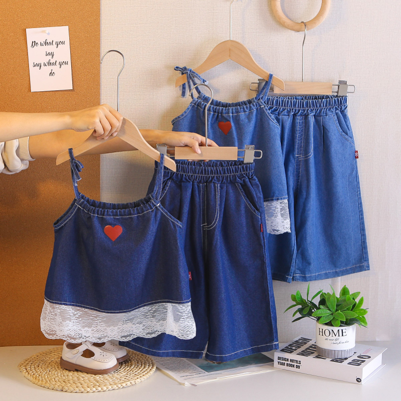 Set de vară pentru fete din două piese: fustă denim cu bretele și pantaloni scurți, 95% bumbac, mâneci scurte