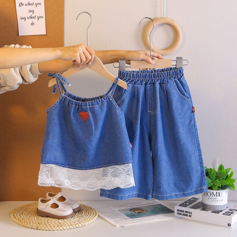 Set de vară pentru fete din două piese: fustă denim cu bretele și pantaloni scurți, 95% bumbac, mâneci scurte