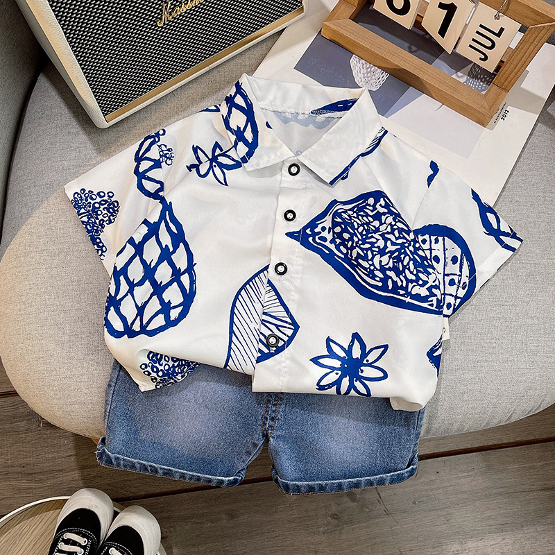 Dječji dvodijelni set: majica s kratkim rukavima s natpisom i hlače od pamuk-denima, 95% pamuk, unisex, ljeto 2024