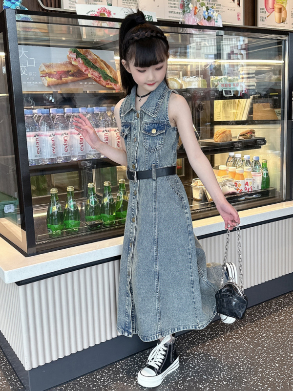 Meitenēm džinsa svārki ar plecu siksnām, retro stils, vasara 2024, 8+ gadiem