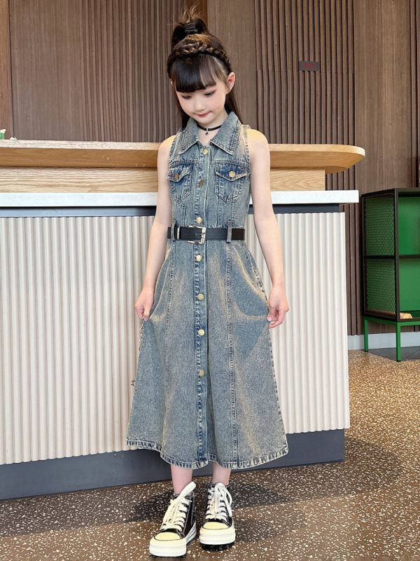 Meitenēm džinsa svārki ar plecu siksnām, retro stils, vasara 2024, 8+ gadiem