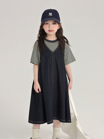 Pudding Haru Детска рокля с презрамки от деним, без ръкави, едноцветна, полиестерна материя, мека обработка