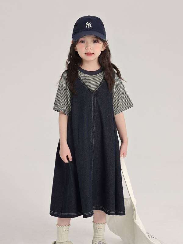 Pudding Haru Детска рокля с презрамки от деним, без ръкави, едноцветна, полиестерна материя, мека обработка