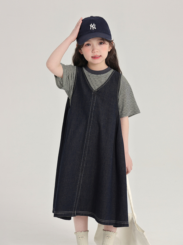 Pudding Haru Детска рокля с презрамки от деним, без ръкави, едноцветна, полиестерна материя, мека обработка