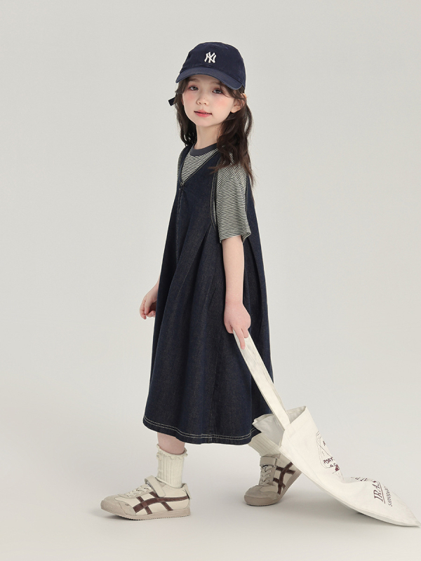 Pudding Haru Детска рокля с презрамки от деним, без ръкави, едноцветна, полиестерна материя, мека обработка