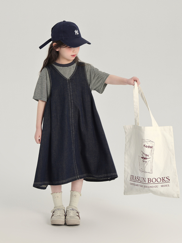 Pudding Haru Детска рокля с презрамки от деним, без ръкави, едноцветна, полиестерна материя, мека обработка