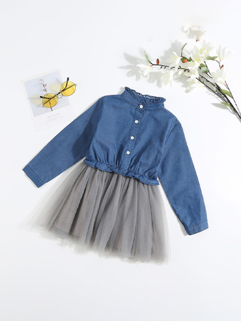 Детска рокля принцеса, деним изглед, 100% памук, дълги ръкави, за деца на възраст 3–8 години