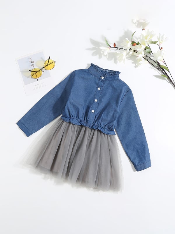 Детска рокля принцеса, деним изглед, 100% памук, дълги ръкави, за деца на възраст 3–8 години