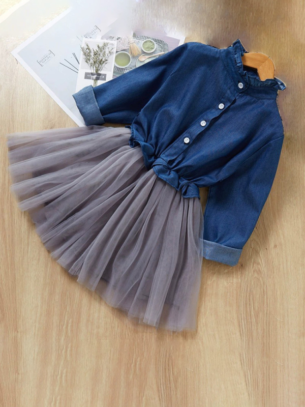 Детска рокля принцеса, деним изглед, 100% памук, дълги ръкави, за деца на възраст 3–8 години