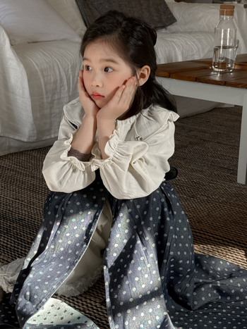 Детска деним рокля с точкова шарка, корейски стил, дълъг ръкав, връзка за връзване, 78% памук, 22% полиестер