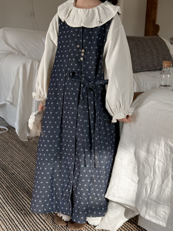 Детска деним рокля с точкова шарка, корейски стил, дълъг ръкав, връзка за връзване, 78% памук, 22% полиестер