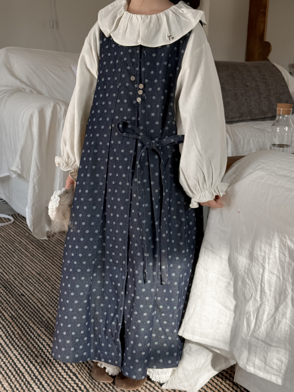 Детска деним рокля с точкова шарка, корейски стил, дълъг ръкав, връзка за връзване, 78% памук, 22% полиестер