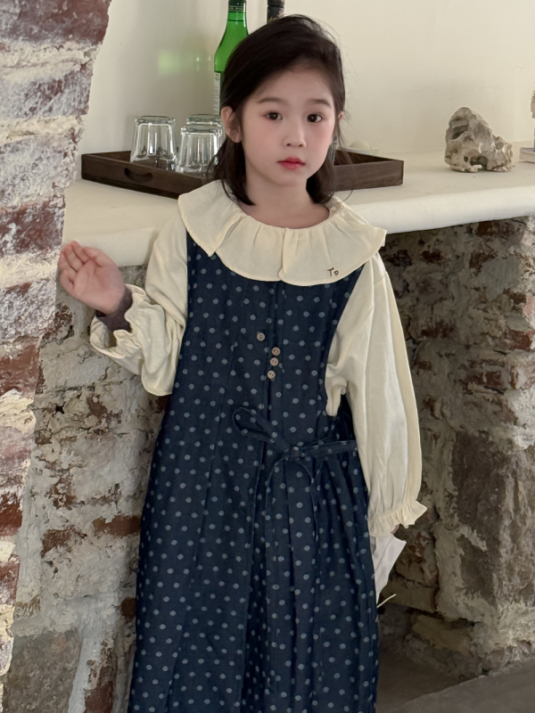 Детска деним рокля с точкова шарка, корейски стил, дълъг ръкав, връзка за връзване, 78% памук, 22% полиестер