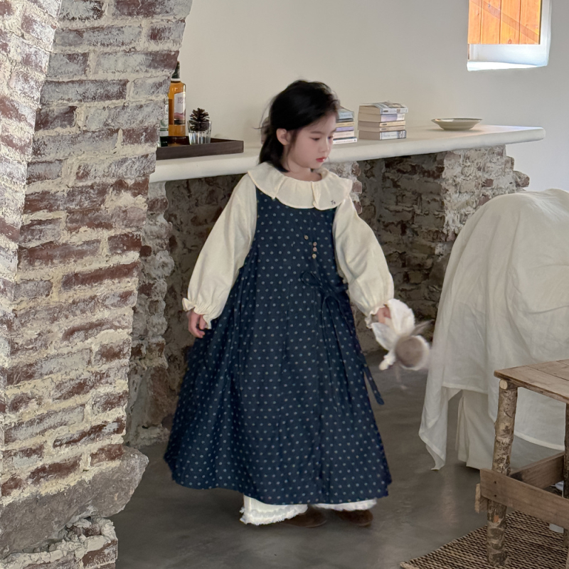 Детска деним рокля с точкова шарка, корейски стил, дълъг ръкав, връзка за връзване, 78% памук, 22% полиестер