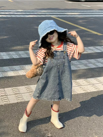 Детска дънкова пола със презрамки в корейски стил, A-образна, за деца 3-8 години, 100% памук