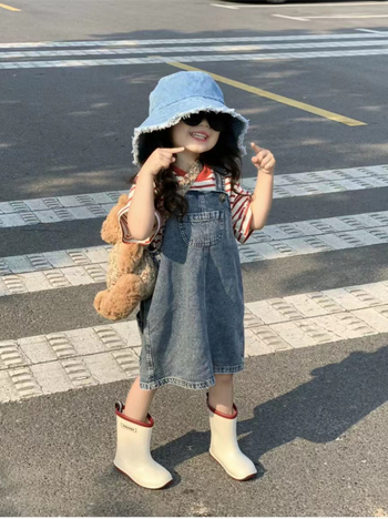 Детска дънкова пола със презрамки в корейски стил, A-образна, за деца 3-8 години, 100% памук