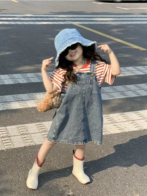 Детска дънкова пола със презрамки в корейски стил, A-образна, за деца 3-8 години, 100% памук