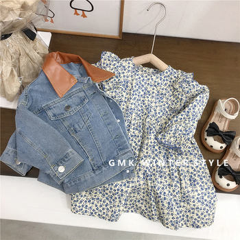 Jachetă jean pentru fete cu guler din piele, imprimeu litere, bumbac 95%, închidere cu un singur nasture, toamna 2023