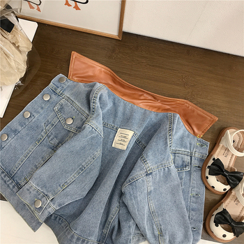 Jachetă jean pentru fete cu guler din piele, imprimeu litere, bumbac 95%, închidere cu un singur nasture, toamna 2023